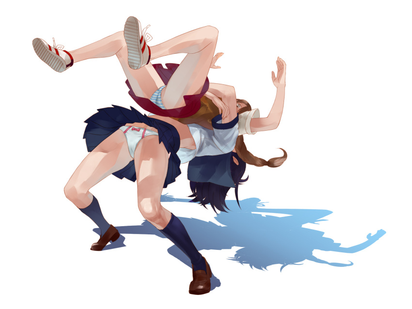 2girls assisted_exposure bad_id bad_pixiv_id black_hair bow bow_panties braid brown_hair german_suplex highres long_hair multiple_girls original panties pantyshot school_uniform serafuku simple_background skirt socks striped_clothes striped_panties suplex underwear upskirt white_background white_panties wrestling yukito_(o_o0_0o_0)