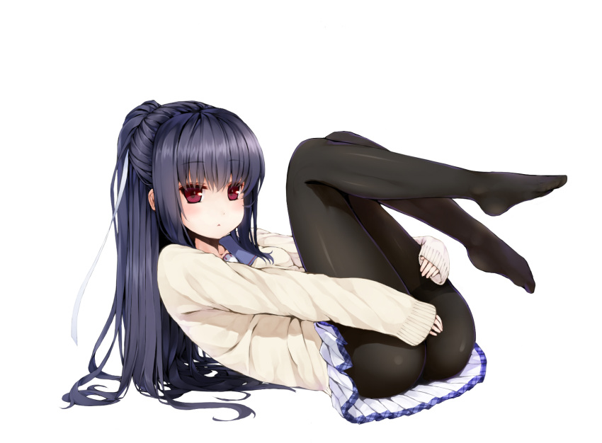 ass black_hair black_pantyhose commentary covering_crotch covering_privates deliverer! feet female highres long_hair looking_at_viewer lying mikogami_mikoto no_shoes on_back pantyhose red_eyes school_uniform solo sweater thighband_pantyhose uttt