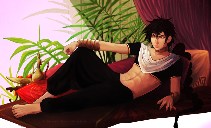 1boy bad_id bad_pixiv_id baggy_pants barefoot black_hair bracelet braid felice jewelry judal long_hair magi_the_labyrinth_of_magic male_focus midriff neck_ring pants photoshop_(medium) realistic red_eyes single_braid solo