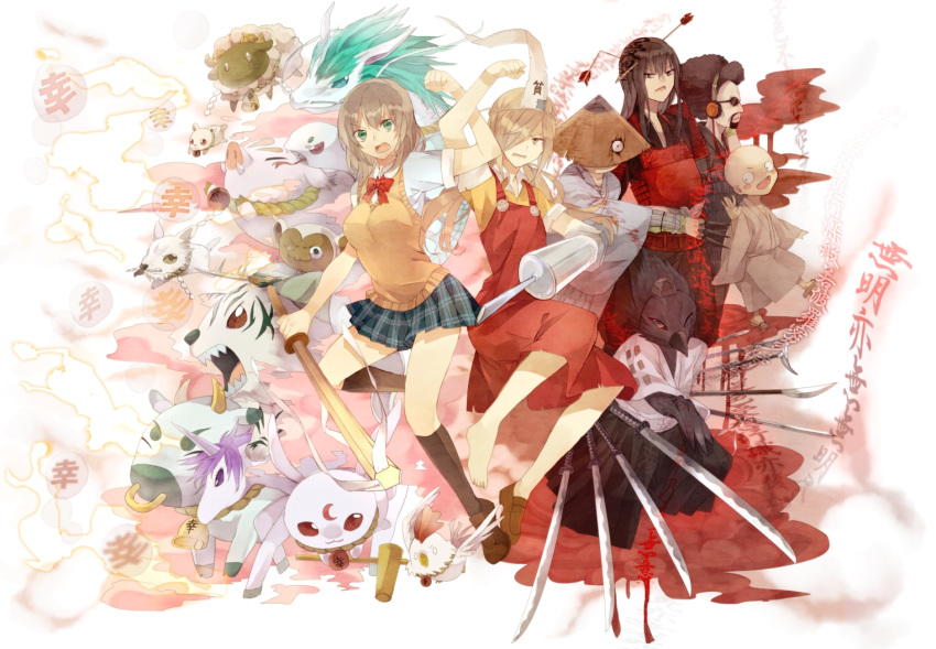 2girls angry bad_id bad_pixiv_id battle binbougami_ga! bird black_legwear blonde_hair bovine bow bowtie canine cast chicken crow dragon dress green_eyes grey_hair hair_over_one_eye holding holding_syringe horse kinugoshidoofu locked_arms long_hair messy_hair miniskirt momiji_(binbougami_ga!) monkey mouse_(animal) multiple_girls open_mouth pig ponytail red_dress sakura_ichiko school_uniform sheep shinai shirt shoes short_hair side-by-side skirt socks standing sweater_vest sword syringe tiger triangular_headpiece weapon yellow_eyes zombie