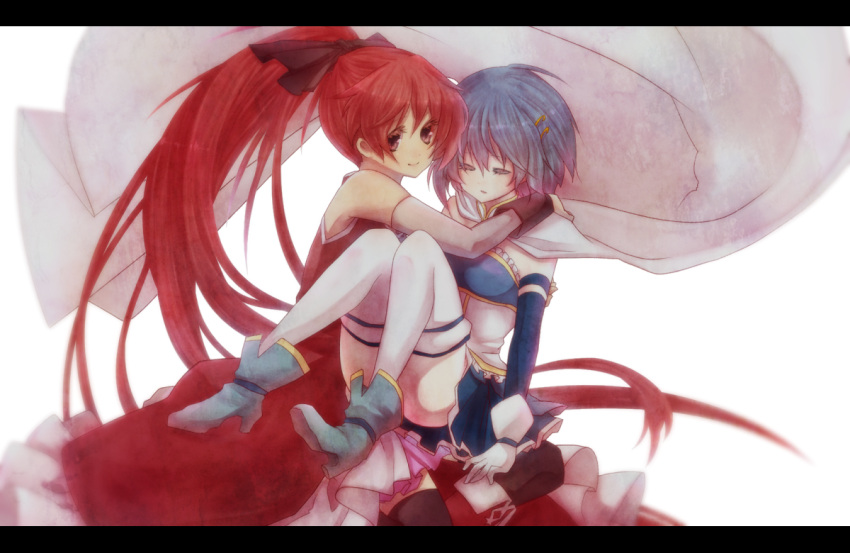 2girls bad_id bad_pixiv_id bare_shoulders black_legwear blue_hair boots cape closed_eyes commentary_request frills hair_ornament hair_ribbon hairclip ice_(aitsugai) letterboxed long_hair magical_girl mahou_shoujo_madoka_magica mahou_shoujo_madoka_magica_(anime) miki_sayaka miki_sayaka_(magical_girl) multiple_girls pleated_skirt ponytail red_eyes red_hair ribbon sakura_kyoko sakura_kyoko_(magical_girl) short_hair skirt thighhighs white_legwear