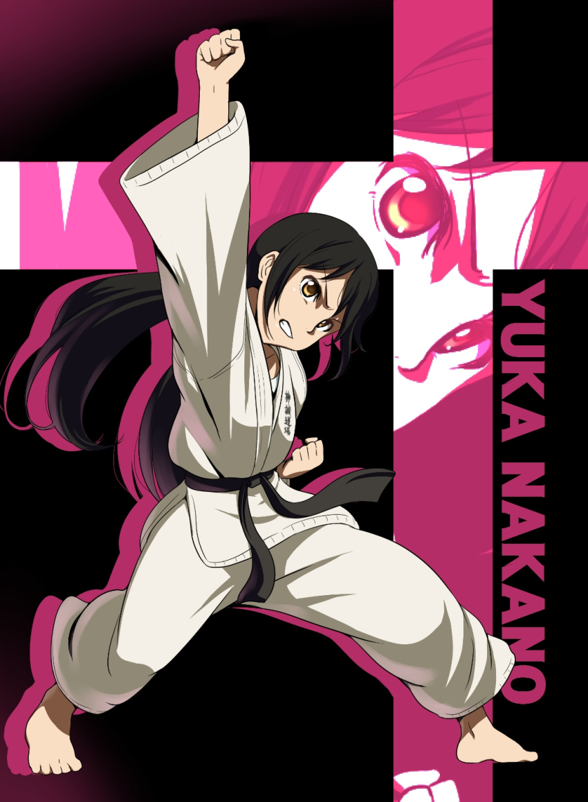 barefoot black_hair brown_eyes character_name commentary_request dougi feet female highres idolmaster idolmaster_cinderella_girls ikari_manatsu karate_gi nakano_yuka parody solo standing street_fighter street_fighter_iii_(series) twintails zoom_layer