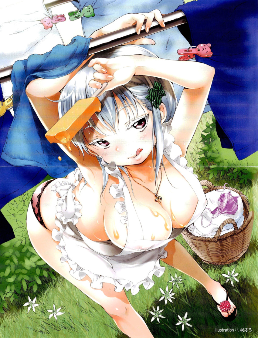 apron basket blush breasts cleavage clothes_line clothesline collar copyright_request flower food hair_ornament highres ice_cream inuburo large_breasts looking_at_viewer no_bra panties red_eyes sandals solo standing tongue towel underwear white_hair