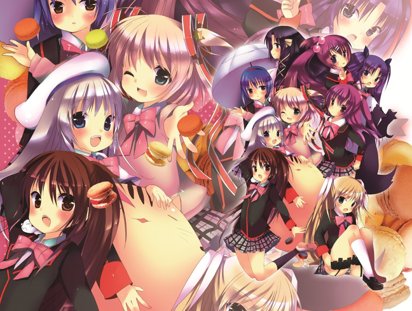 6+girls belka bow canine commentary_request doruji feline futaki_kanata inui_achu kamikita_komari kurugaya_yuiko lennon little_busters! multiple_girls natsume_rin nishizono_mio noumi_kudryavka panties pantyshot photoshop_(medium) pink_bow saigusa_haruka sasasegawa_sasami school_uniform sitting strelka striped_clothes striped_panties tokido_saya umbrella underwear zoom_layer