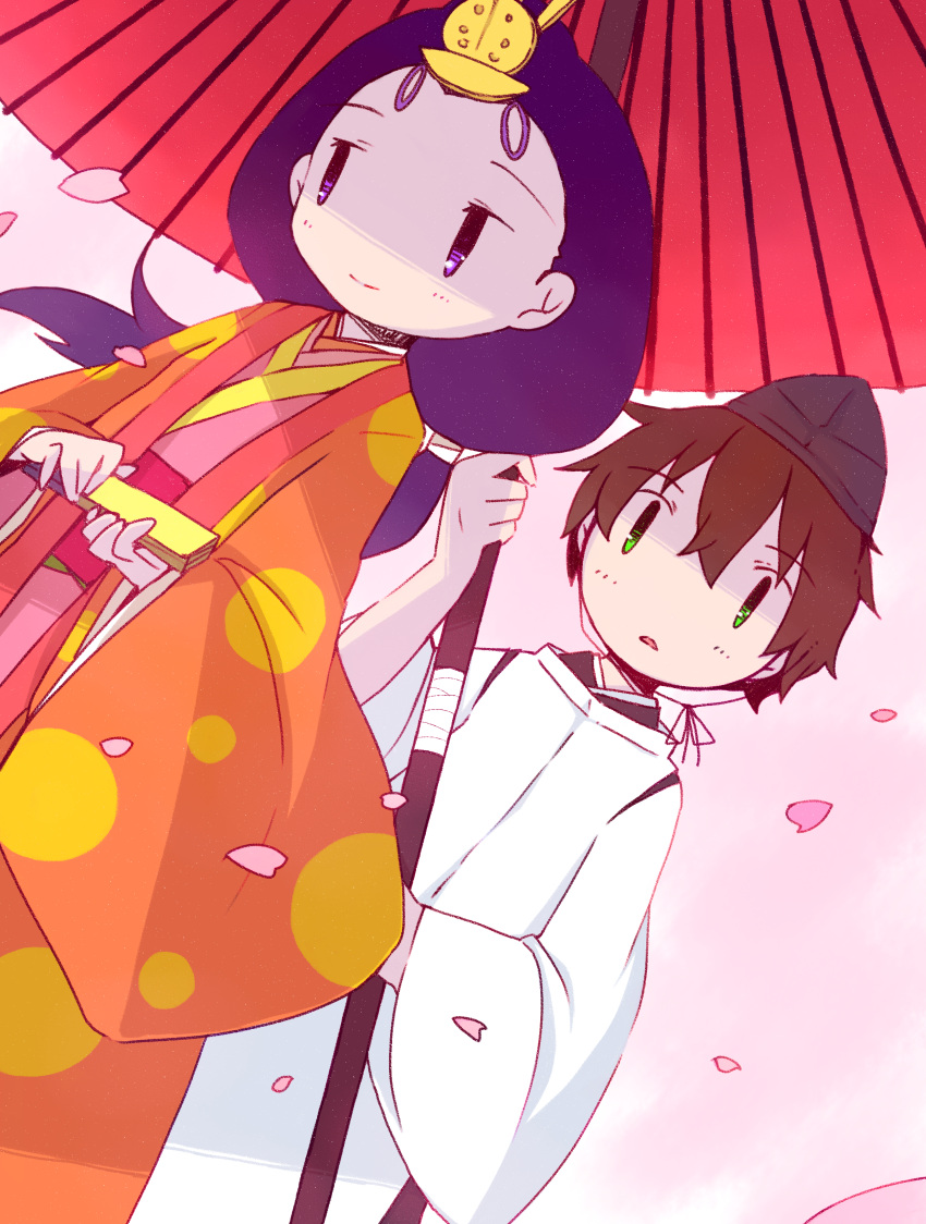 1boy absurdres black_hair brown_hair chitanda_eru commentary_request female green_eyes hat heian highres hirabitai hyouka japanese_clothes kariginu kimono long_hair oil-paper_umbrella open_mouth oreki_houtarou purple_eyes short_hair spoilers tate_eboshi tsumura_z umbrella