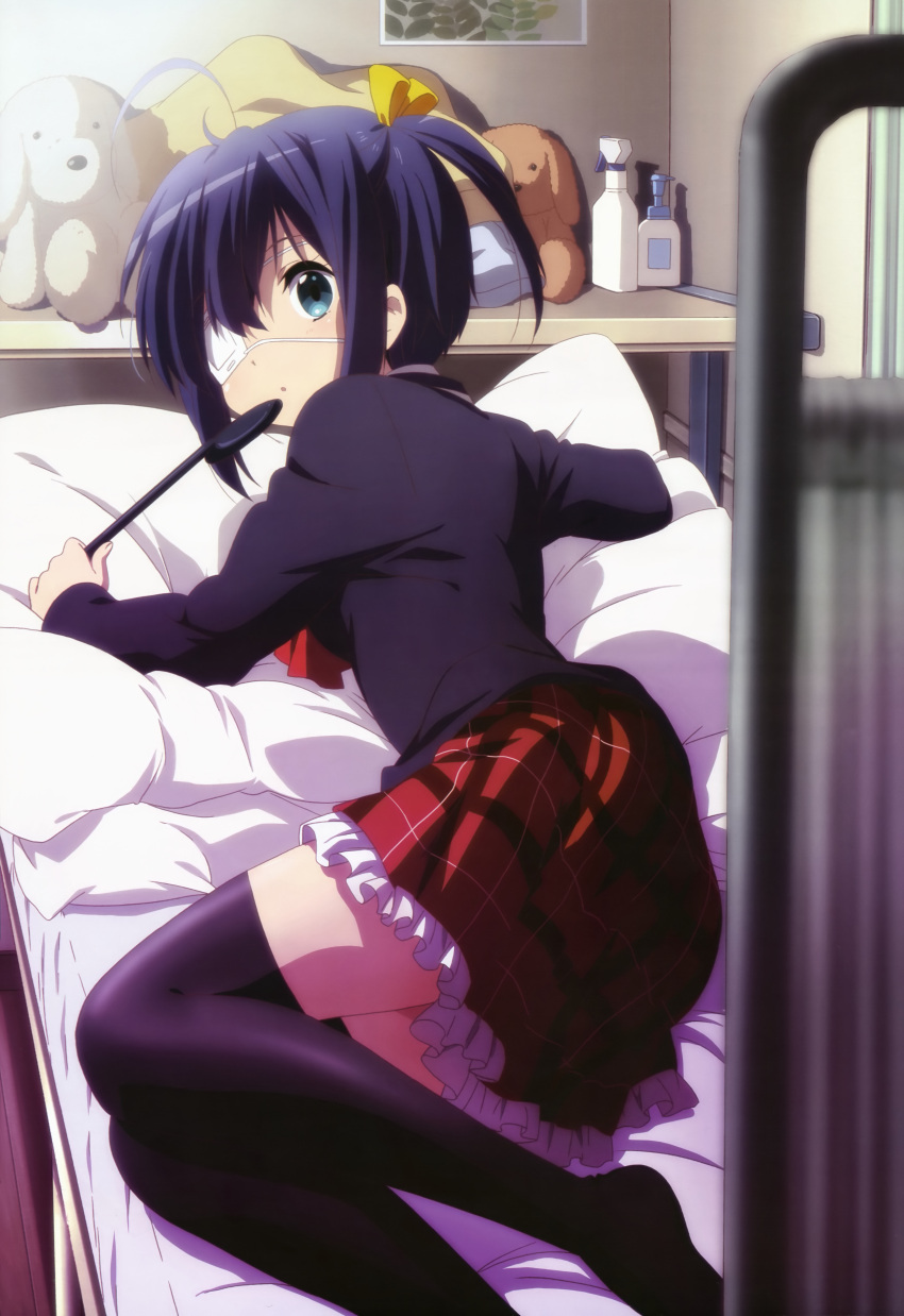 absurdres bed black_thighhighs blazer chuunibyou_demo_koi_ga_shitai! eyepatch female highres icho_private_high_school_uniform ikeda_kazumi jacket looking_back medical_eyepatch nyantype occluder official_art on_bed one_side_up pillow plaid plaid_skirt scan school_uniform skirt solo takanashi_rikka thighhighs zettai_ryouiki