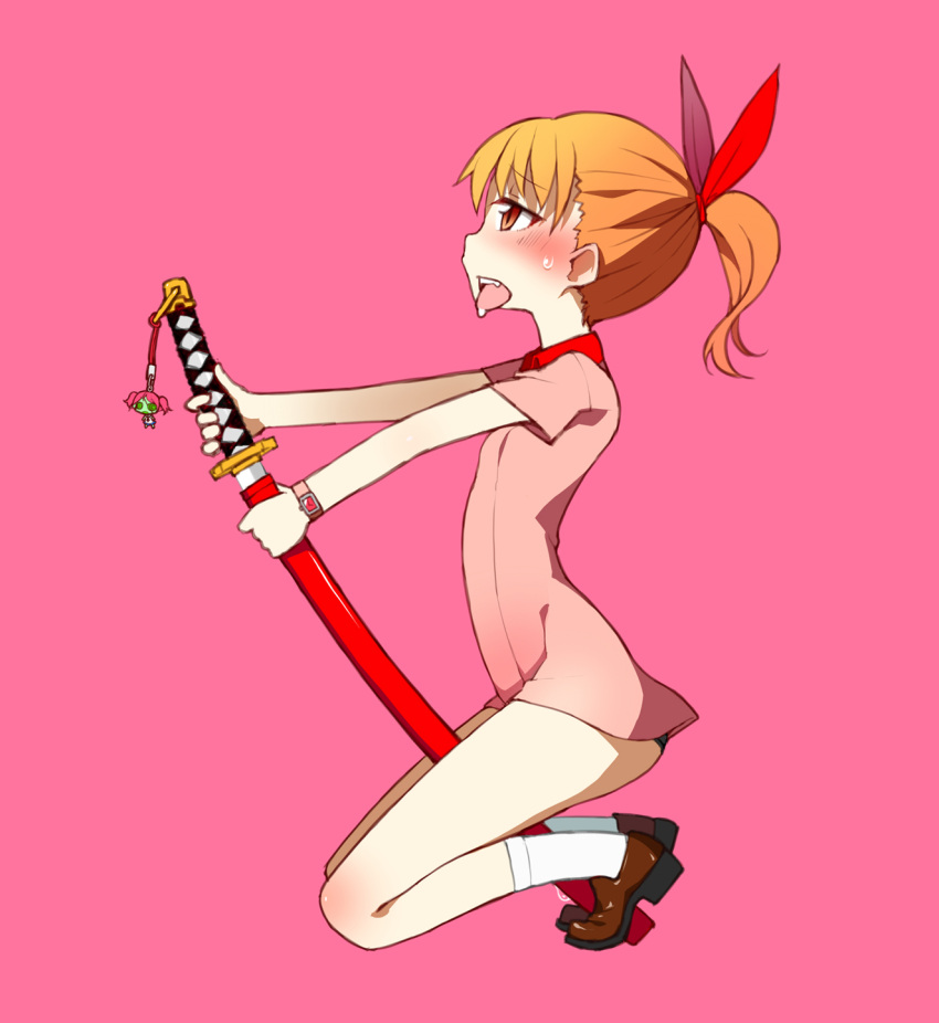 blonde_hair brown_eyes charm_(object) commentary_request dress female hair_ribbon highres open_mouth original photoshop_(medium) ponytail ribbon saliva scabbard sheath solo squatting sweatdrop sword tanaka_ahiru tongue tongue_out watch weapon