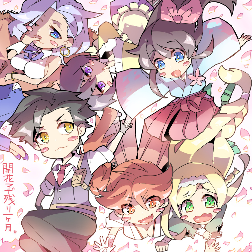 1boy 5girls amamiya_sakura anastasia_palma apron bad_id bad_pixiv_id black_hair blonde_hair blue_eyes blush_stickers bow braid breasts brown_hair cherry_blossoms chibi clarissa_snowflake cleavage dress earrings green_eyes hairband hazuki_(denebola) highres holster hoop_earrings japanese_clothes jewelry kamiyama_seijuurou kimono large_breasts long_hair maid maid_apron mochizuki_azami multiple_girls necktie orange_eyes orange_hair pants purple_eyes sakura_taisen shin_sakura_taisen shinonome_hatsuho short_hair very_long_hair vest white_hair yellow_eyes