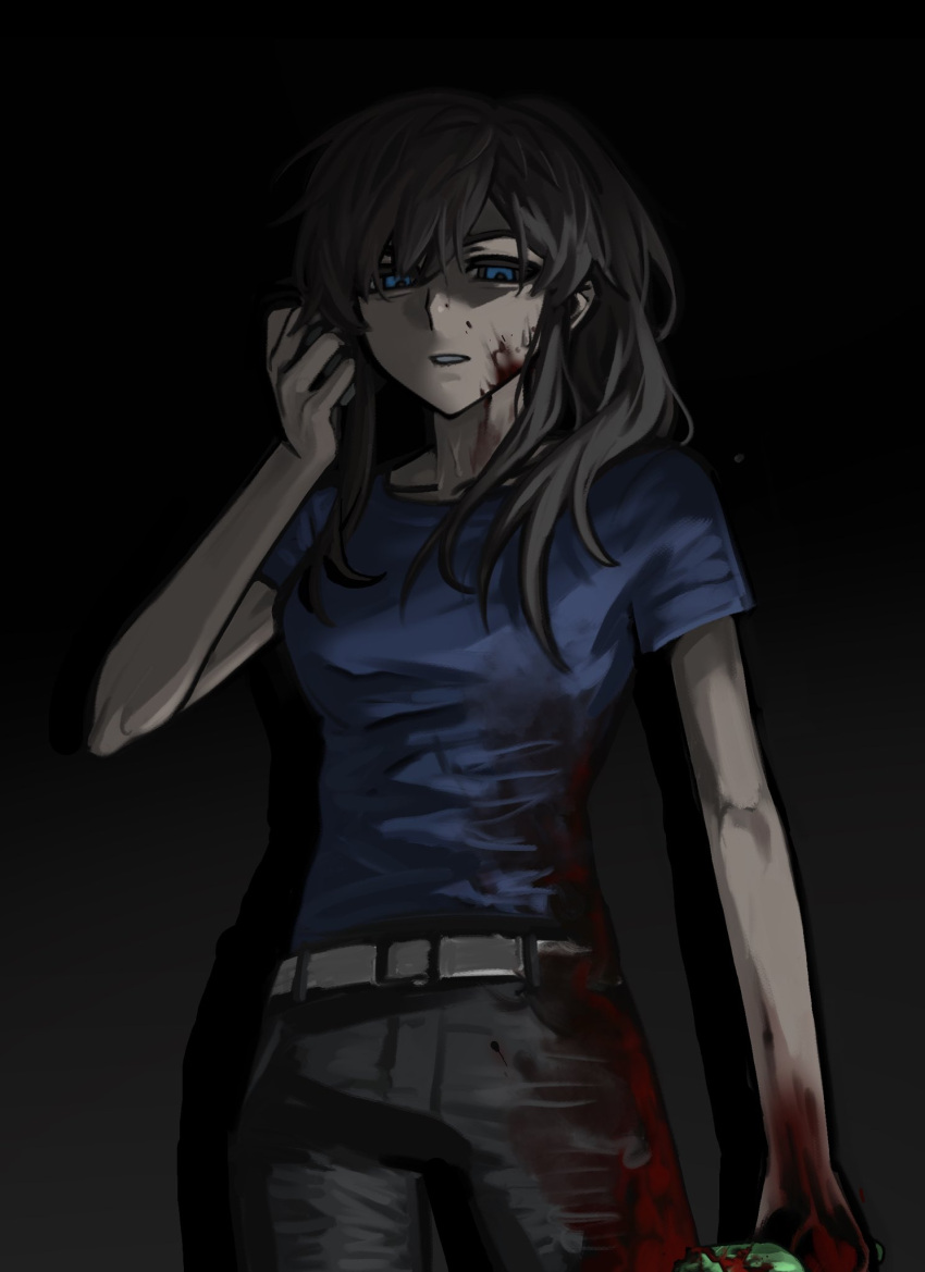 black_background blood blood_on_clothes blood_on_hands blue_eyes blue_shirt bottle broken_bottle bugs_bug_me class_of_09 cowboy_shot female hand_up highres holding holding_bottle implied_murder long_hair looking_at_viewer nicole_(class_of_09) parted_lips shirt short_sleeves simple_background solo