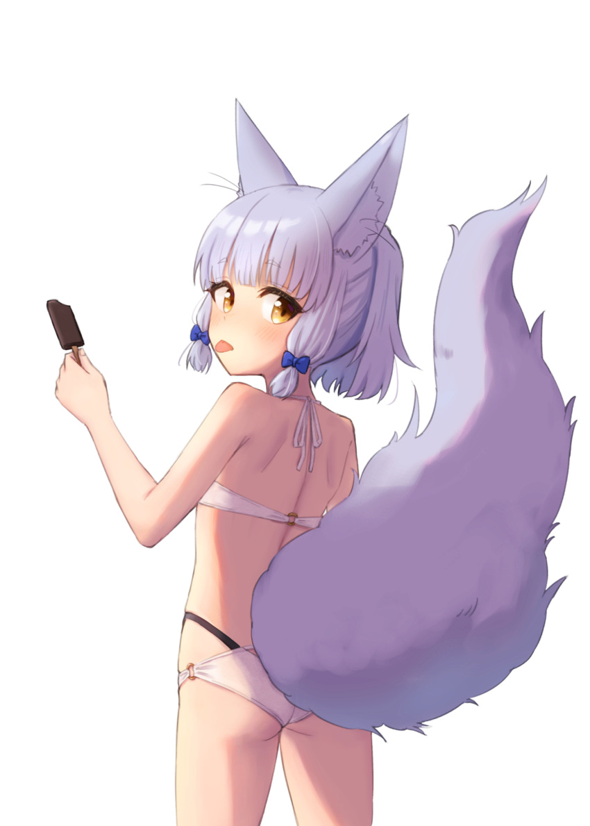 :p animal_ears bikini blue_bow bow commentary_request female food fox_ears fox_girl fox_tail from_behind hairbow highres holding holding_food holding_popsicle kuramoto_takato looking_at_viewer looking_back machikado_mazoku popsicle riko_(machikado_mazoku) simple_background solo swimsuit tail tongue tongue_out white_background white_bikini yellow_eyes