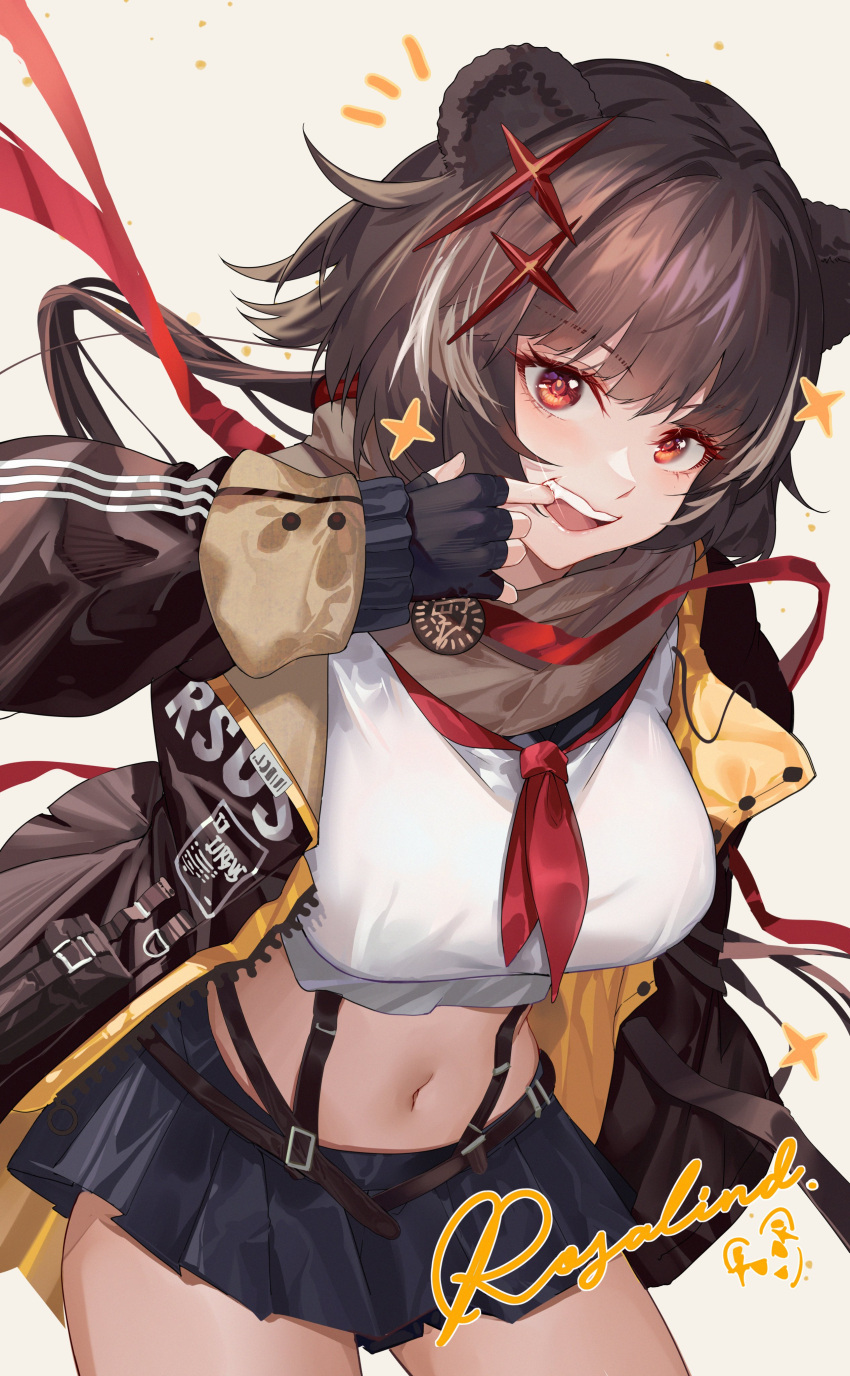 absurdres animal_ears arknights bear_ears breasts brown_eyes brown_hair crop_top female finger_in_own_mouth fingerless_gloves gloves highres hongbaise_raw jacket large_breasts leto_(arknights) long_sleeves medium_hair midriff miniskirt navel open_clothes open_jacket pleated_skirt skirt solo suspender_skirt suspenders