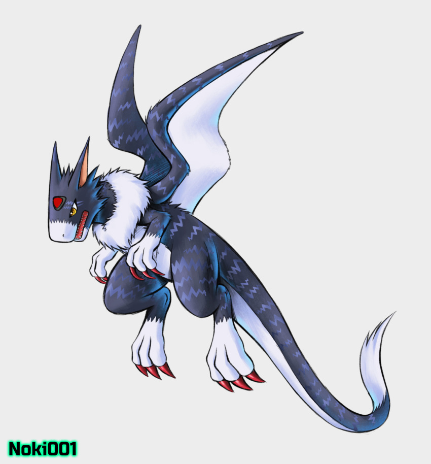 ambiguous_gender bandai_namco claws digimon digimon_(species) dorugamon feral fur fur_markings hi_res lighter_belly long_tail markings mid_air neck_tuft noki001 open_mouth simple_background solo stripes tail tuft white_background wings x-digimon yellow_eyes