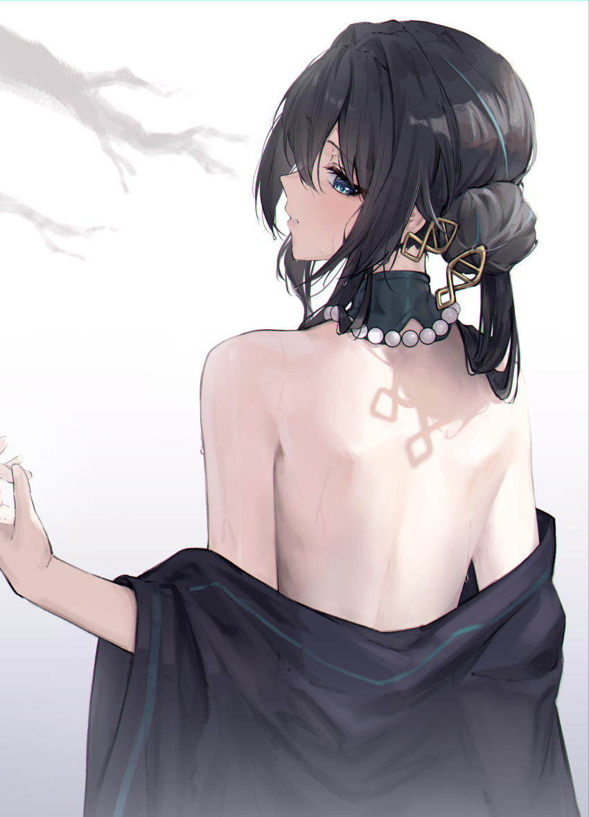 absurdres aqua_collar aqua_eyes bakemonsou bare_shoulders bead_necklace beads black_hair black_robe blush branch commentary_request detached_collar double_helix female from_behind hair_between_eyes hair_bun hair_intakes hair_ornament hairpin head_tilt highres honkai:_star_rail honkai_(series) jewelry long_hair multicolored_hair necklace paid_reward_available parted_lips pearl_necklace profile robe robe_partially_removed ruan_mei_(honkai:_star_rail) shoulder_blades simple_background solo standing streaked_hair sweat undressing upper_body white_background