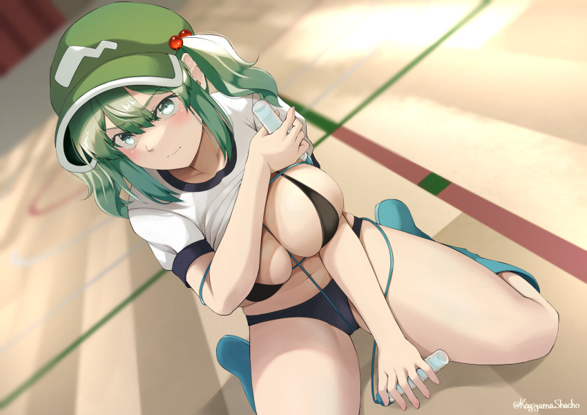 bikini black_bikini blue_eyes blue_footwear blue_hair blurry blurry_background blush boots bound breasts closed_mouth clothes_lift dutch_angle female flat_cap full_body green_hat hair_bobbles hair_ornament hat highres jump_rope kagiyama_shachou kawashiro_nitori large_breasts looking_at_viewer medium_hair shirt shirt_lift sidelocks sitting solo swimsuit touhou twitter_username two_side_up unlikely_accident wariza white_shirt