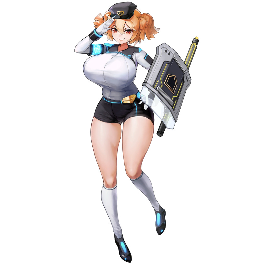 breasts cerberus_(last_origin) female full_body game_cg gloves grin hair_between_eyes hat highres huge_breasts last_origin looking_at_viewer official_art orange_eyes orange_hair police police_uniform policewoman salute short_shorts shorts sima_(startwitch) smile solo tachi-e transparent_background twintails two_side_up uniform white_gloves wide_hips