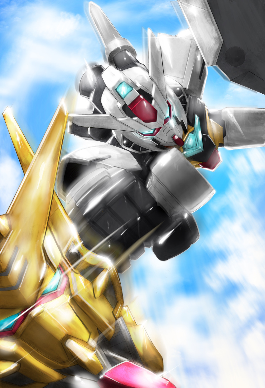 495032158 absurdres akatsuki_gundam beam_saber blue_eyes clenched_hand close-up core_gundam falling gundam gundam_build_divers gundam_build_divers_re:rise highres mecha motion_blur no_humans punching robot science_fiction v-fin