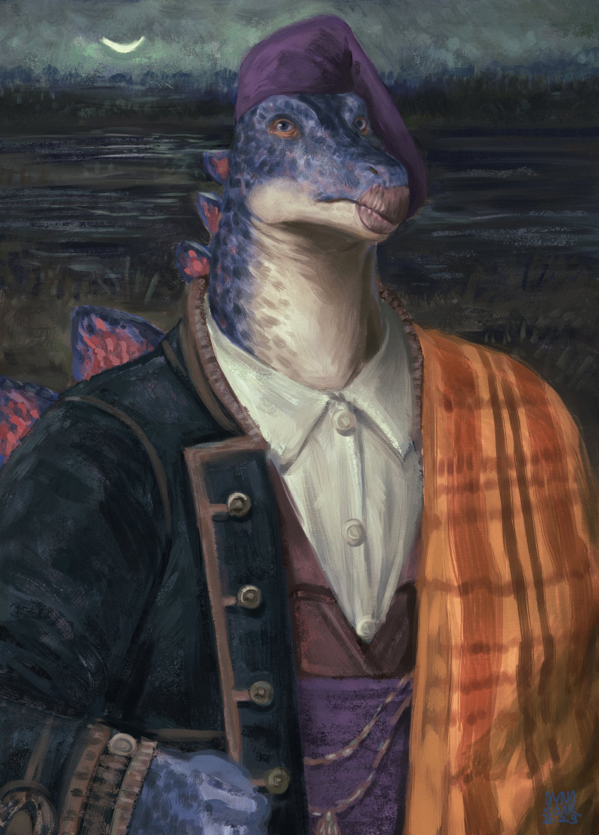 2023 anthro beak bedding blanket blue_body blue_eyes button_(fastener) catalonia charm_(disambiguation) clothed clothing collared_shirt crescent_moon digital_media_(artwork) digital_painting_(artwork) dinosaur dyna_soar embroidered_jacket extinct fantasy folk_clothes green_clothing hat headgear headwear hi_res jacket looking_at_viewer male markings moon night orange_clothing ornithischian outside phrygian_cap plaid plates_(disambiguation) portrait prehistoric_species purple_clothing purple_hat purple_headwear red_markings reptile river sash saurian_(disambiguation) scalie shirt signature solo stegosaurian stegosaurus three-quarter_portrait thyreophoran topwear vest waist_accessory white_clothing white_shirt white_topwear