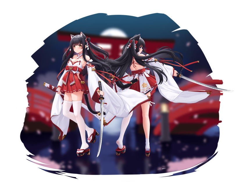 2girls absurdres allenes animal_ear_fluff animal_ears asymmetrical_legwear azur_lane bare_shoulders bell black_hair blue_eyes breasts cat_ears cat_tail commentary_request detached_sleeves double_bun extra_ears floating_hair full_body hair_bun hair_ribbon hatsuharu_(azur_lane) highres holding holding_sheath holding_sword holding_weapon japanese_clothes jingle_bell katana long_hair long_sleeves looking_back medium_breasts miko multiple_girls okobo pleated_skirt red_ribbon red_skirt ribbon sandals sheath sideways_glance single_sock single_thighhigh skirt socks standing sword tail tail_bell tail_ornament tail_ribbon thighhighs two_side_up uneven_legwear very_long_hair weapon white_socks white_thighhighs wide_sleeves yellow_eyes yuugure_(azur_lane)