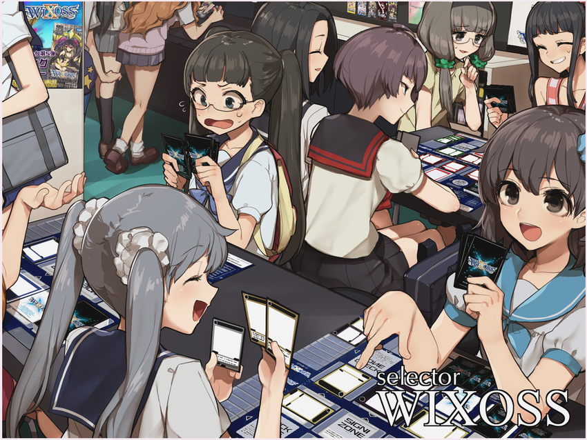 6+girls :d ^_^ ahoge aoi_akira bag black_hair black_legwear brown_hair card card_game casual chiyori_(wixoss) closed_eyes commentary_request copyright_name flying_sweatdrops glasses grin hairband hitoto ichikawa_midori kominato_ruuko kurebayashi_yuzuki loafers long_hair low_twintails multiple_girls open_mouth playing_games pointing profile school_bag school_uniform scrunchie selector_wixoss serafuku shoes short_hair skirt smile socks spoilers striped sweatdrop tama_(wixoss) twintails uemura_hitoe unjou_hanayo urazoe_iona wavy_mouth white_legwear wixoss