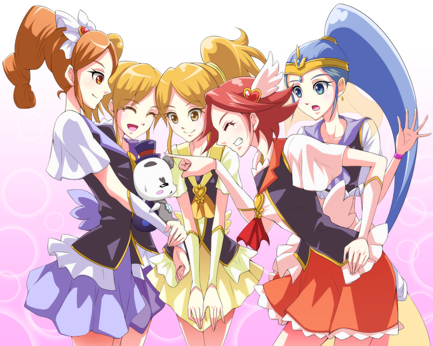 5girls blue_eyes blue_hair blue_skirt bow brooch brown_eyes brown_hair closed_eyes commentary_request creature cure_gonna cure_katyusha cure_nile cure_pantaloni cure_southern_cross grin hair_ornament hairbow happinesscharge_precure! hat heart heart_brooch heart_hair_ornament high_ponytail highres international_precure jewelry long_hair magical_girl multiple_girls phanphan_(happinesscharge_precure!) phantom_(happinesscharge_precure!) ponytail precure purple_skirt red_hair red_skirt short_hair siblings side_ponytail sisters skirt smile top_hat twins yellow_skirt zwei_(santanawamuujojo)