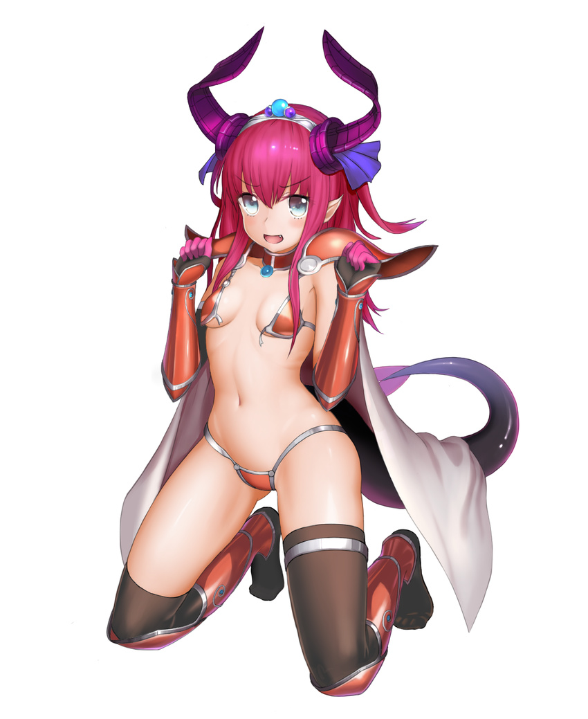 :d armor bikini bikini_armor black_thighhighs blue_eyes blush breasts breasts_apart cape cementite clenched_hands commentary_request elizabeth_bathory_(brave)_(fate) elizabeth_bathory_(fate) fate/grand_order fate_(series) female full_body gloves hair_between_eyes highres horns kneeling long_hair looking_at_viewer oerba_yun_fang open_mouth pink_hair pointy_ears red_bikini silver_trim simple_background small_breasts smile solo swimsuit tail thighhighs torn_bikini torn_clothes white_background white_cape