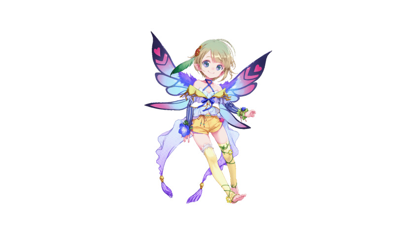 :d ;d animated animated bare_shoulders barefoot blue_eyes blue_flower cori_(teria_saga) fairy feather_hair_ornament feathers female flower full_body green_hair hair_ornament highres looking_at_viewer mini_person minigirl nemophila_(flower) official_art one_eye_closed open_mouth smile solo striped striped_sleeves teria_saga transparent_background vertical_stripes winking_(animated) yellow_legwear