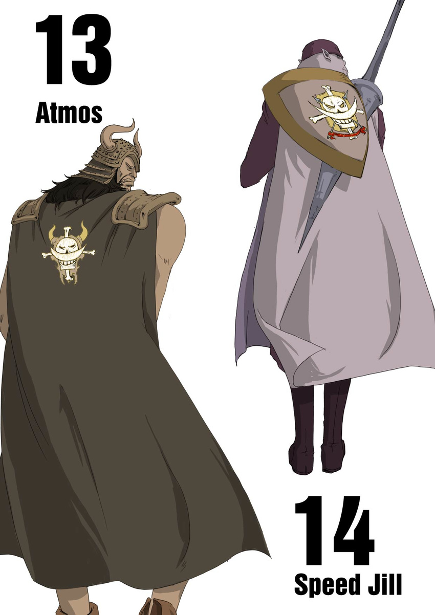 2boys atmos back character_name hat helmet horned_helmet jolly_roger male_focus multiple_boys numbered one_piece shield simple_background speed_jiru whitebeard_pirates