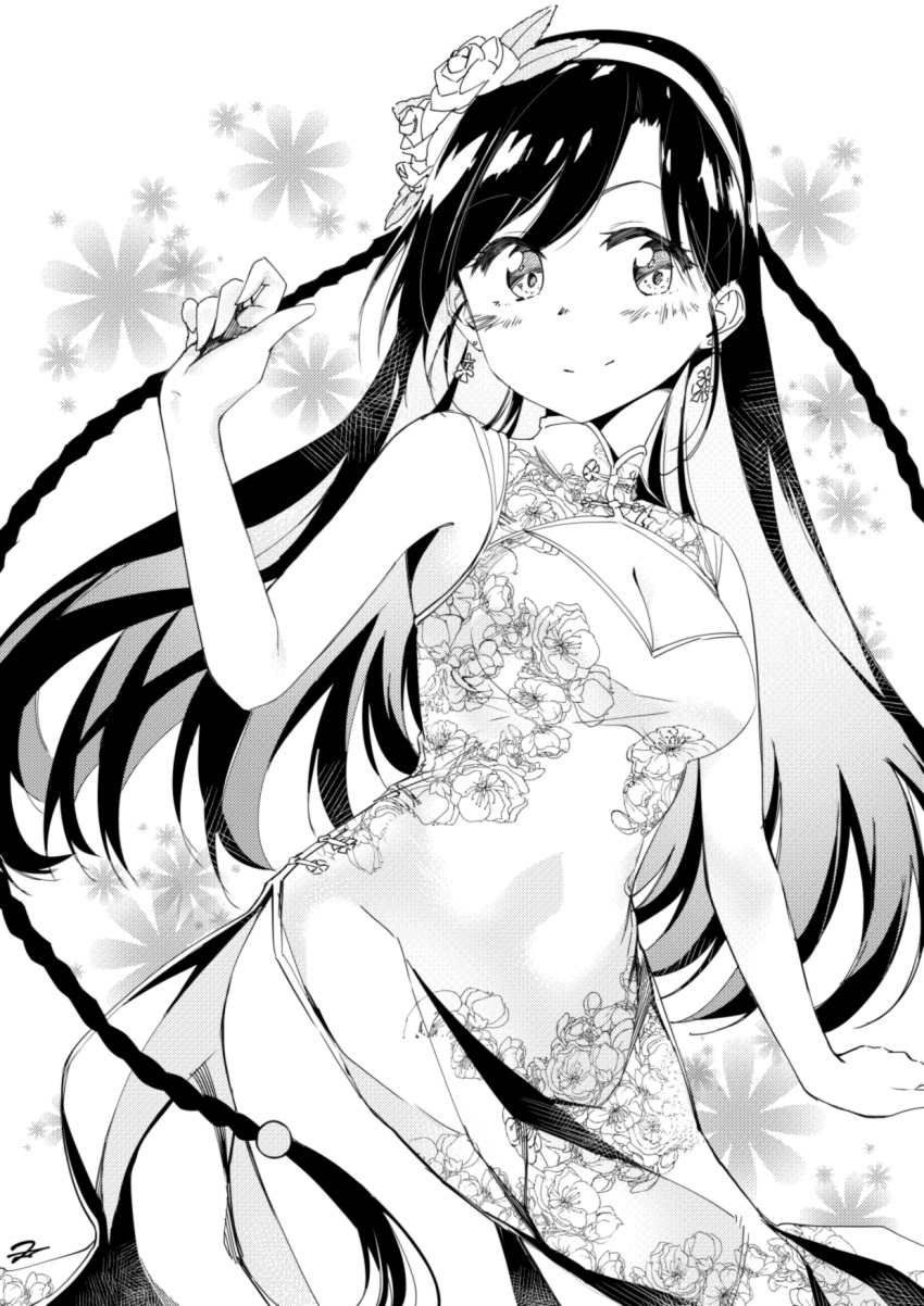 arm_up bare_arms bare_shoulders blush braid breasts china_dress chinese_clothes cleavage cleavage_cutout closed_mouth clothing_cutout commentary_request cowboy_shot dress earrings female floral_background floral_print flower flower_earrings greyscale hair_flower hair_ornament hairband highres jewelry kanakura_yui long_hair looking_at_viewer medium_breasts monochrome nisekoi print_dress rose side_slit sleeveless sleeveless_dress smile solo standing twin_braids very_long_hair white_background yomio