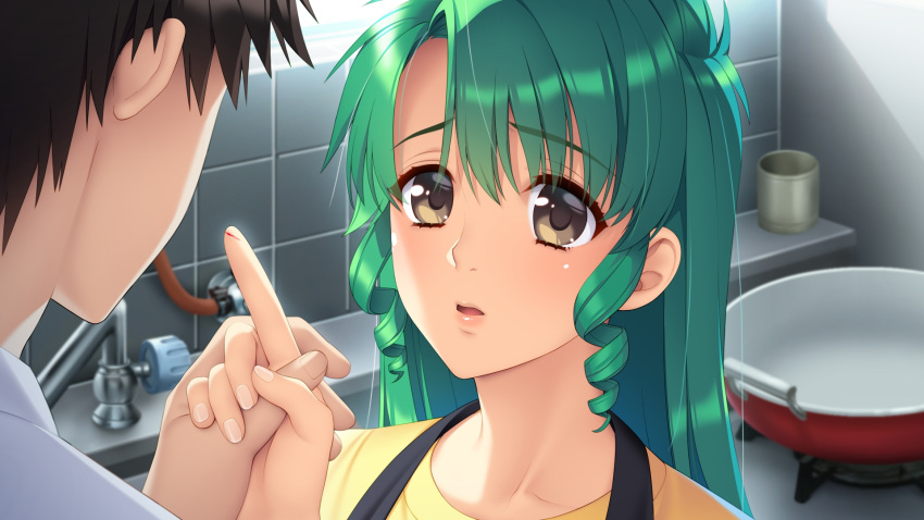 1boy black_hair brown_eyes collarbone couple doukyuusei drill_hair female game_cg green_hair hair_between_eyes highres index_finger_raised indoors kitchen long_hair open_mouth portrait sakuma_chiharu shirt straight sumeragi_kohaku twin_drills yellow_shirt