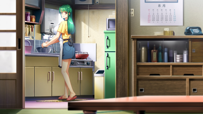 apron blue_skirt blurry blurry_foreground breasts brown_eyes closed_mouth cooking denim denim_skirt doukyuusei drill_hair female full_body game_cg green_hair highres indoors large_breasts long_hair looking_at_viewer looking_back miniskirt pencil_skirt pink_footwear sakuma_chiharu shirt short_sleeves skirt slippers smile solo standing sumeragi_kohaku white_apron yellow_shirt