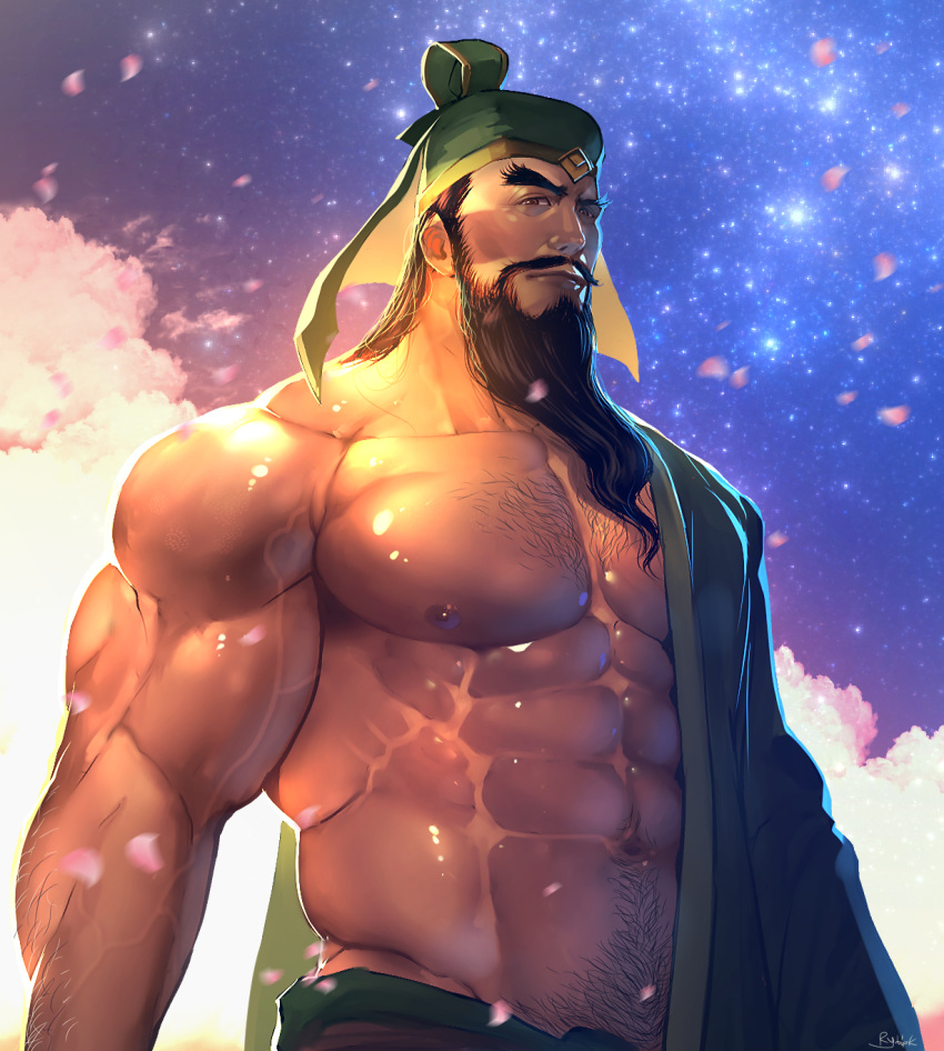 1boy abs bara bare_pectorals beard brown_hair cherry_blossoms chest_hair chinese_clothes facial_hair guan_yu hat highres large_pectorals long_hair looking_at_viewer male_focus mature_male muscular muscular_male navel navel_hair nipples pectorals petals rybiok shin_sangoku_musou shiny_skin sky solo star_(sky) starry_sky thick_eyebrows upper_body