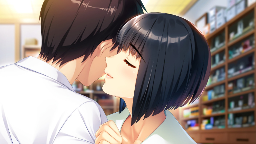 1boy black_hair blurry blurry_background blush closed_eyes collarbone doukyuusei female game_cg highres indoors parted_lips portrait saitou_ako shirt short_hair sumeragi_kohaku white_shirt