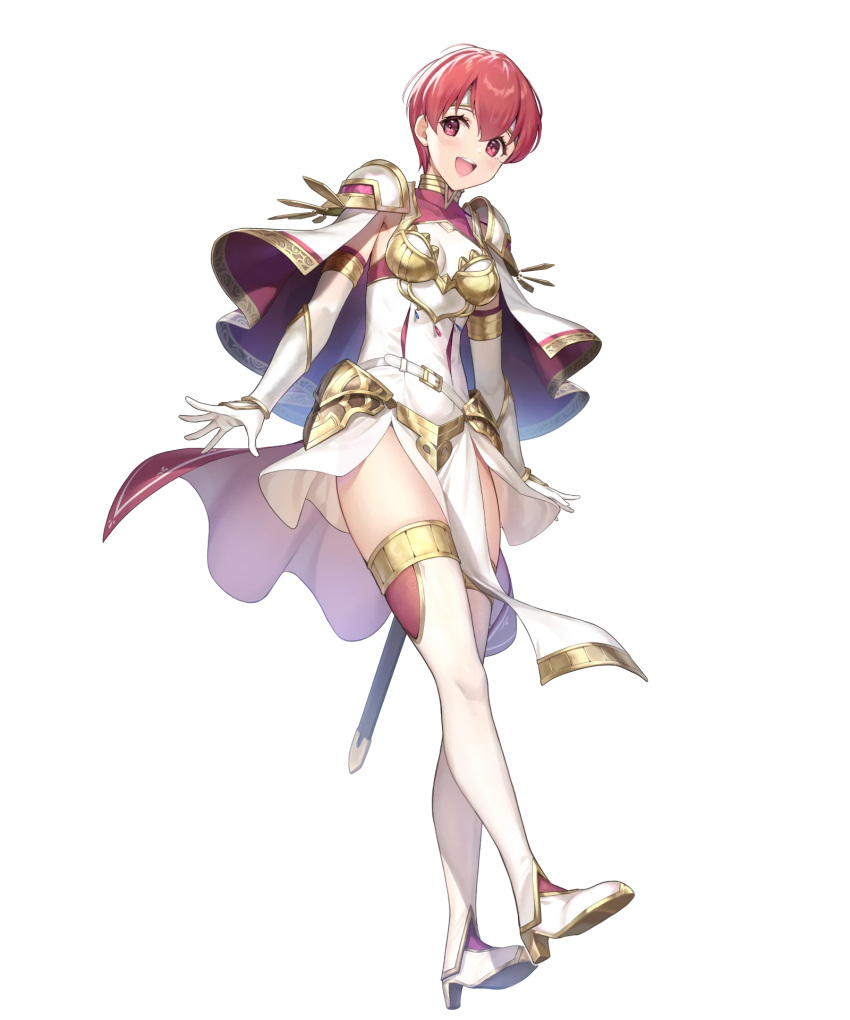 armor belt boots breasts capelet circlet dress elbow_gloves est_(fire_emblem) female fire_emblem fire_emblem_echoes:_shadows_of_valentia fire_emblem_heroes full_body gloves gold_trim high_heels highres jewelry kousei_horiguchi looking_at_viewer medium_breasts non-web_source official_art open_mouth pelvic_curtain pink_eyes pink_hair short_dress short_hair shoulder_armor smile solo thigh_boots transparent_background turtleneck white_dress white_footwear white_gloves