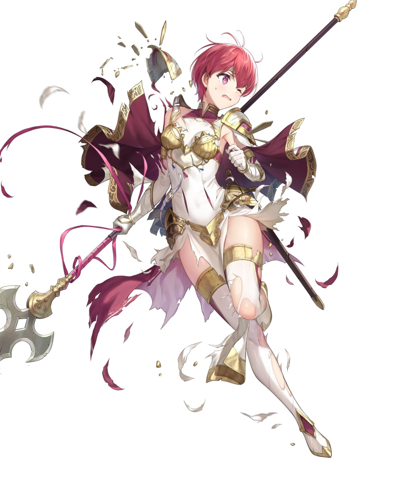 armor belt boots breasts broken_armor capelet circlet dress elbow_gloves est_(fire_emblem) female fire_emblem fire_emblem_echoes:_shadows_of_valentia fire_emblem_heroes full_body gloves gold_trim high_heels highres holding holding_weapon jewelry kousei_horiguchi leg_up looking_away medium_breasts non-web_source official_art one_eye_closed open_mouth pelvic_curtain pink_eyes pink_hair polearm sheath sheathed short_dress short_hair shoulder_armor solo spear sweat sweatdrop sword thigh_boots thighs torn_capelet torn_clothes torn_footwear transparent_background turtleneck weapon white_dress white_footwear white_gloves