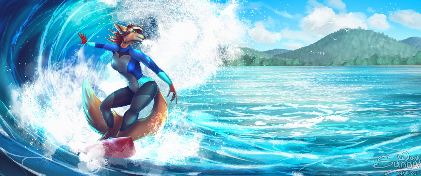 2020 anthro beach biped board breasts canid canine cloud day detailed_background digital_media_(artwork) digital_painting_(artwork) female fox hi_res mammal mountain sea seaside signature sky smile solo summer sunny_way surfboard surfing vehicle wallpaper water watercraft wave wet wetsuit