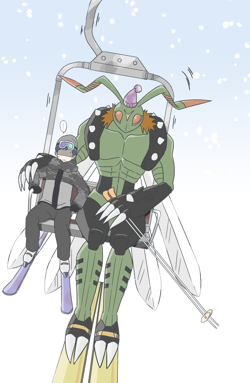 antennae_(anatomy) arthropod bandai_namco beanie blush clothing digimon digimon_(species) duo ellipsis gdn0522 hat headgear headwear hi_res human humanoid humor insects ken_ichijouji male mammal scarf ski ski_pole skiing stingmon winter