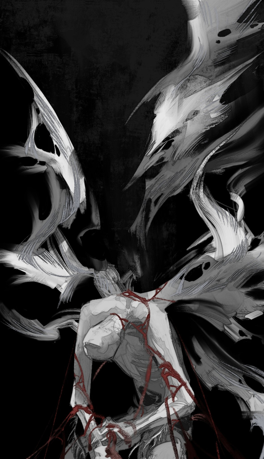 1boy black_background bloodborne commentary_request completely_nude greyscale highres jiao_chang male_focus monochrome monster multiple_wings nude orphan_of_kos painterly red_rope rope slouching solo spot_color torn torn_wings wings