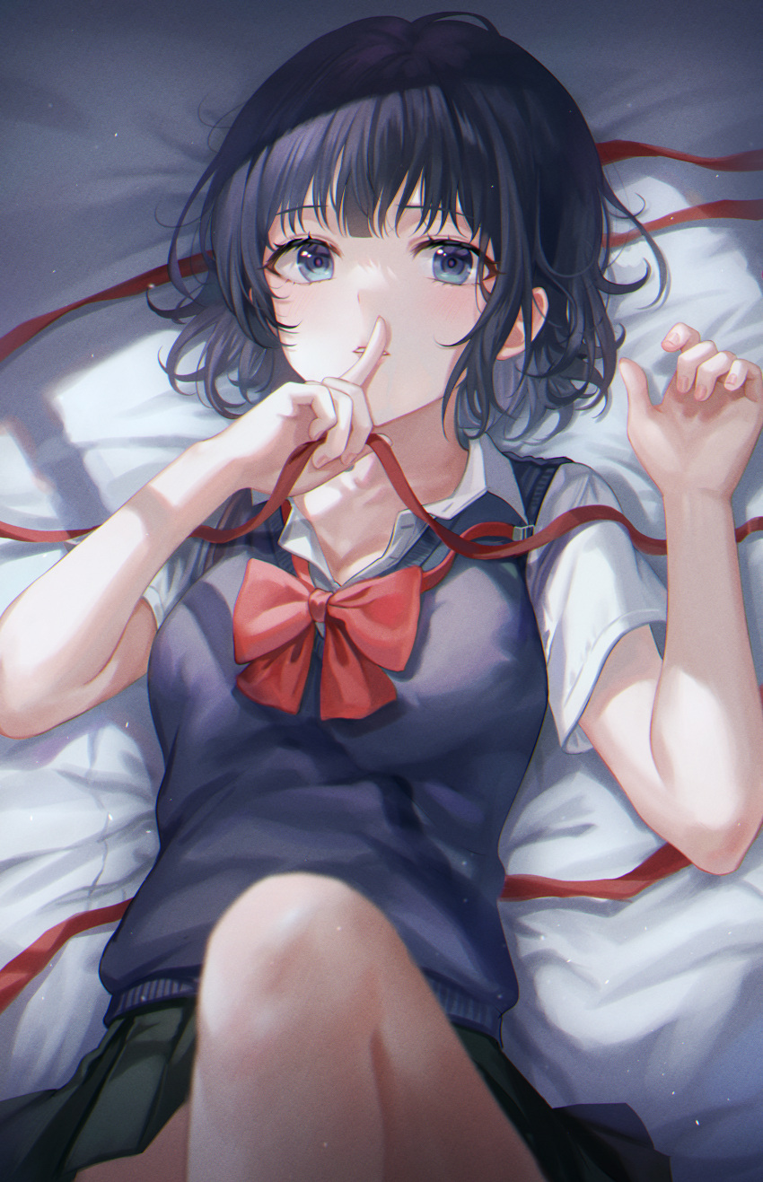 absurdres bed_sheet black_hair blue_eyes blush bow breasts collared_shirt commentary dress_shirt female finger_to_mouth green_skirt highres knee_up kuzu_no_honkai layered_clothes looking_at_viewer lying medium_breasts on_back parted_lips purple_eyes red_bow school_uniform shirt short_hair skirt solo sweater_vest tokkyu white_shirt yasuraoka_hanabi