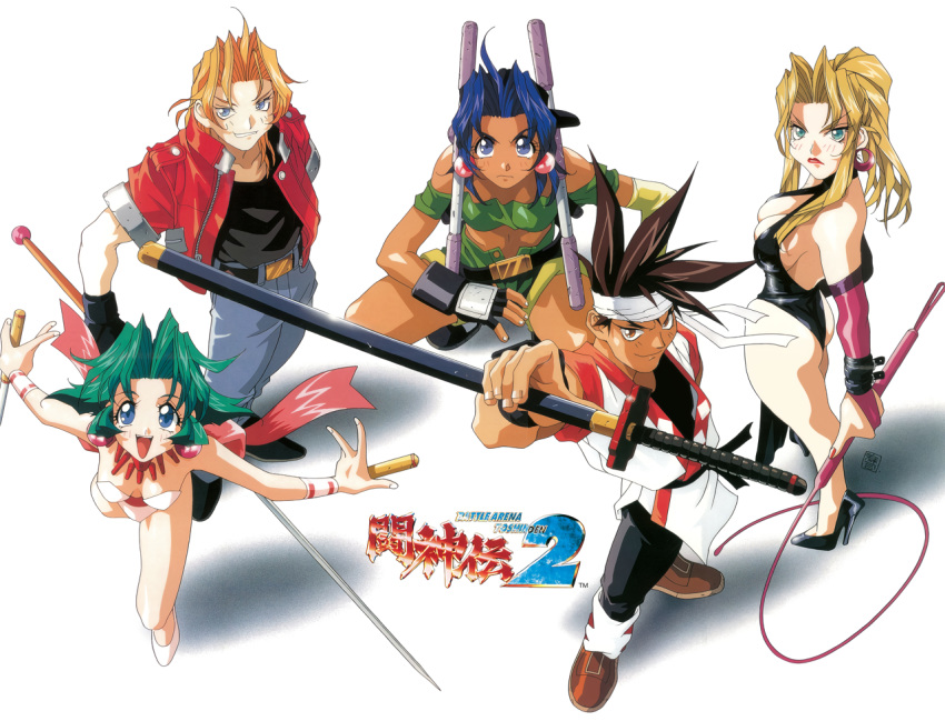 1990s_(style) 2boys 3girls belt black_footwear blonde_hair blue_eyes blue_hair blunt_sidelocks breasts bridal_gauntlets brown_eyes brown_footwear brown_hair cleavage copyright_name crop_top curtained_hair dark_skin dual_wielding earrings eiji_shinjo ellis_(toushinden) fingerless_gloves fingernails gloves green_hair grin headband high_heels high_ponytail holding holding_sheath holding_sword holding_weapon holding_whip jacket jewelry katana kayin_amoh kotobuki_tsukasa lipstick logo long_hair looking_at_viewer makeup midriff multiple_boys multiple_girls navel non-web_source official_art open_clothes open_jacket open_mouth outstretched_arm pelvic_curtain pumps red_jacket red_lips retro_artstyle reverse_grip scowl sheath sheathed short_hair short_sleeves shorts smile sofia_(toushinden) spiked_hair squatting standing sword third-party_edit tonfa toushinden tracy_(toushinden) v-shaped_eyebrows weapon whip white_wrist_cuffs wrist_cuffs wristband