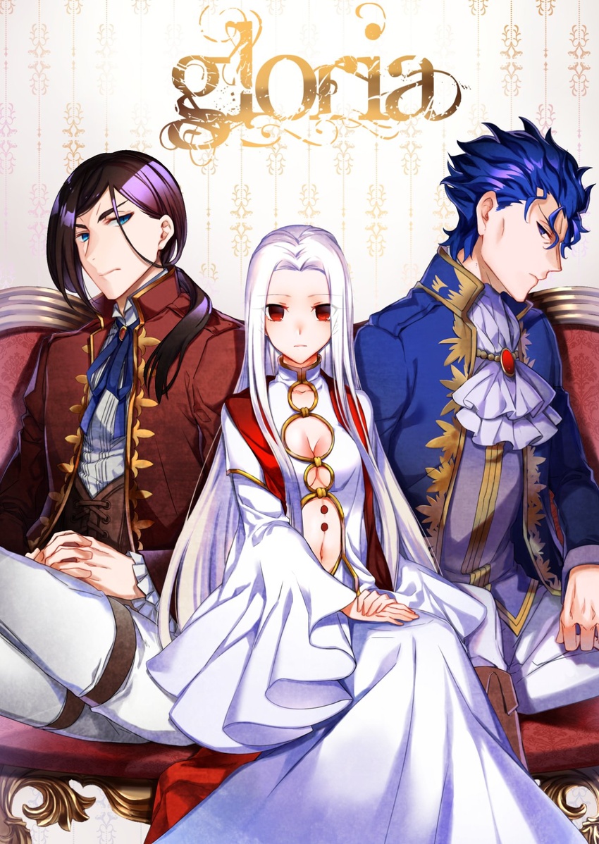 2boys aristocratic_clothes ascot bad_id bad_pixiv_id black_hair blue_hair cheekbones cleavage_cutout clothing_cutout commentary_request dress fate/stay_night fate_(series) female hair_up hands_on_own_knees highres justeaze_lizrich_von_einzbern long_hair looking_at_viewer matou_zouken multiple_boys no_headwear ponytail purple_hair red_eyes sitting tied_hair tohsaka_nagato white_hair wide_sleeves ycco_(estrella)