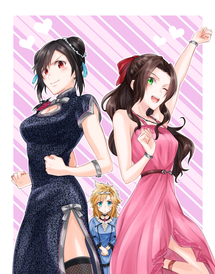 1boy 2girls absurdres aerith_gainsborough aerith_gainsborough_(pink_dress) animal_print arm_up bare_shoulders black_hair blonde_hair blue_eyes blush bracelet breasts brown_hair china_dress chinese_clothes cleavage_cutout clenched_hands clothing_cutout cloud_strife cloud_strife_(ball_gown) crossdressing double_bun dress final_fantasy final_fantasy_vii final_fantasy_vii_remake green_eyes hair_bun highres jewelry large_breasts leopard_print long_hair looking_at_another medium_breasts mizuamememe multiple_girls official_alternate_costume official_alternate_hairstyle pink_dress red_eyes sleeveless sleeveless_dress thighhighs tifa_lockhart tifa_lockhart_(sporty_dress)