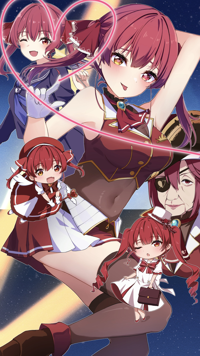 :p ;d absurdres aged_up arm_up ascot bag breasts brown_thighhighs covered_navel crop_top cropped_jacket eyepatch female hat heart heart-shaped_pupils heterochromia highres holding holding_bag holding_wand hololive houshou_marine houshou_marine_(1st_costume) jacket large_breasts leotard leotard_under_clothes long_hair looking_at_viewer magical_girl mini_person minigirl miniskirt multiple_views old one_eye_closed open_mouth orange_eyes pirate_hat pleated_skirt red_ascot red_eyes red_hair red_jacket red_skirt skirt sleeveless sleeveless_jacket smile symbol-shaped_pupils thighhighs tongue tongue_out twintails virtual_youtuber wand yoshinon_(yoshinon_kotori)