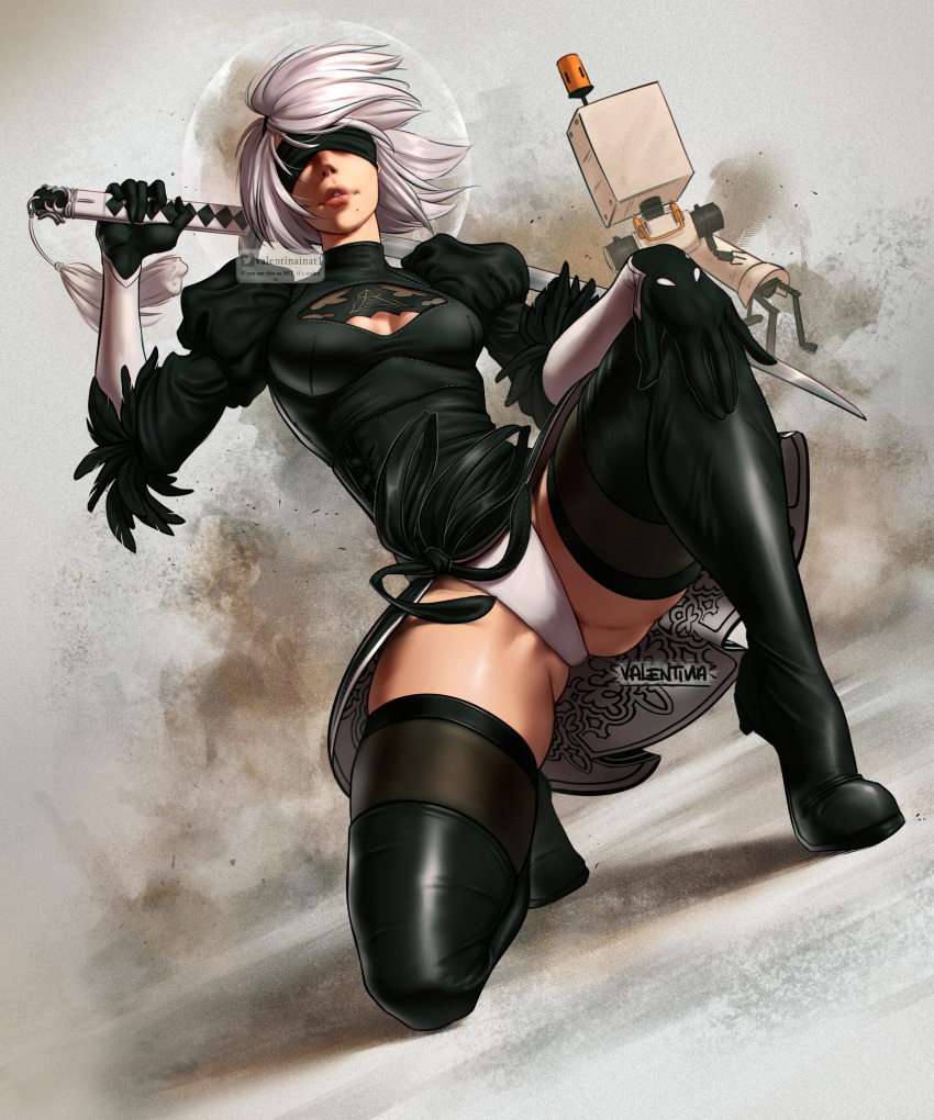 2b_(nier:automata) black_blindfold black_dress black_hairband blindfold boots breasts cleavage_cutout clothing_cutout covered_eyes dress drone feather-trimmed_sleeves female from_below hairband highres holding holding_sword holding_weapon katana leather leather_boots leotard lips long_sleeves mole mole_under_mouth nier:automata nier_(series) on_one_knee over_shoulder plantar_flexion pod_(nier:automata) short_hair side_slit small_breasts solo_focus sword thigh_boots thighhighs thighhighs_under_boots valentina_tavolilla vambraces virtuous_contract watermark weapon weapon_over_shoulder white_hair white_leotard