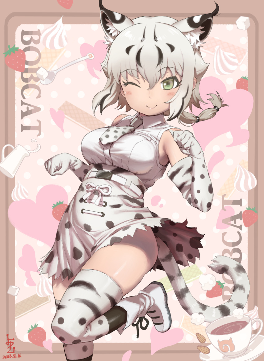 ;) animal_ear_fluff animal_ears animal_print bare_shoulders belt black_hair blush_stickers bobcat_(kemono_friends) boots breasts character_name closed_mouth collared_shirt cup drink ear_tufts elbow_gloves extra_ears female food foot_up fruit gloves grey_hair hair_between_eyes hands_up high-waist_skirt highres ito_yoki kemono_friends looking_at_viewer low_ponytail medium_breasts miniskirt multicolored_hair necktie one_eye_closed paw_pose print_gloves print_necktie print_skirt print_towel saucer shirt skindentation skirt sleeveless sleeveless_shirt smile solo standing standing_on_one_leg strawberry tail taut_clothes taut_shirt thighhighs towel two-tone_hair white_shirt wing_collar yellow_eyes zettai_ryouiki