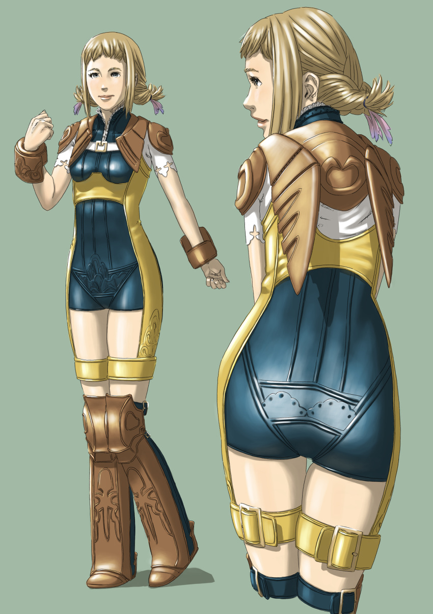 ass blonde_hair bodysuit braid breasts closed_mouth commentary_request female final_fantasy final_fantasy_xii highres kainaka_ichijiku looking_at_viewer medium_hair penelo simple_background smile solo thighhighs twin_braids twintails