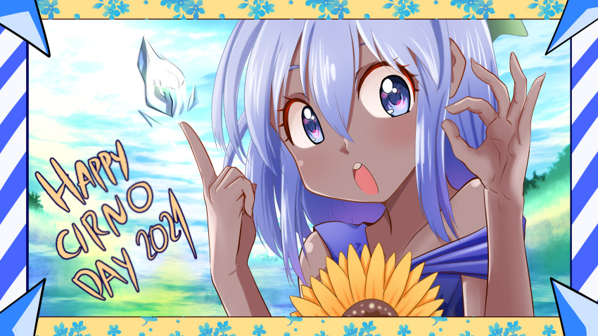 2021 :o absurdres blue_eyes blue_hair cirno cirno_day commentary dark-skinned_female dark_skin dr._addamelech english_commentary female flower highres ice index_finger_raised looking_at_viewer ok_sign short_hair solo sunflower tanned_cirno touhou upper_body very_dark_skin