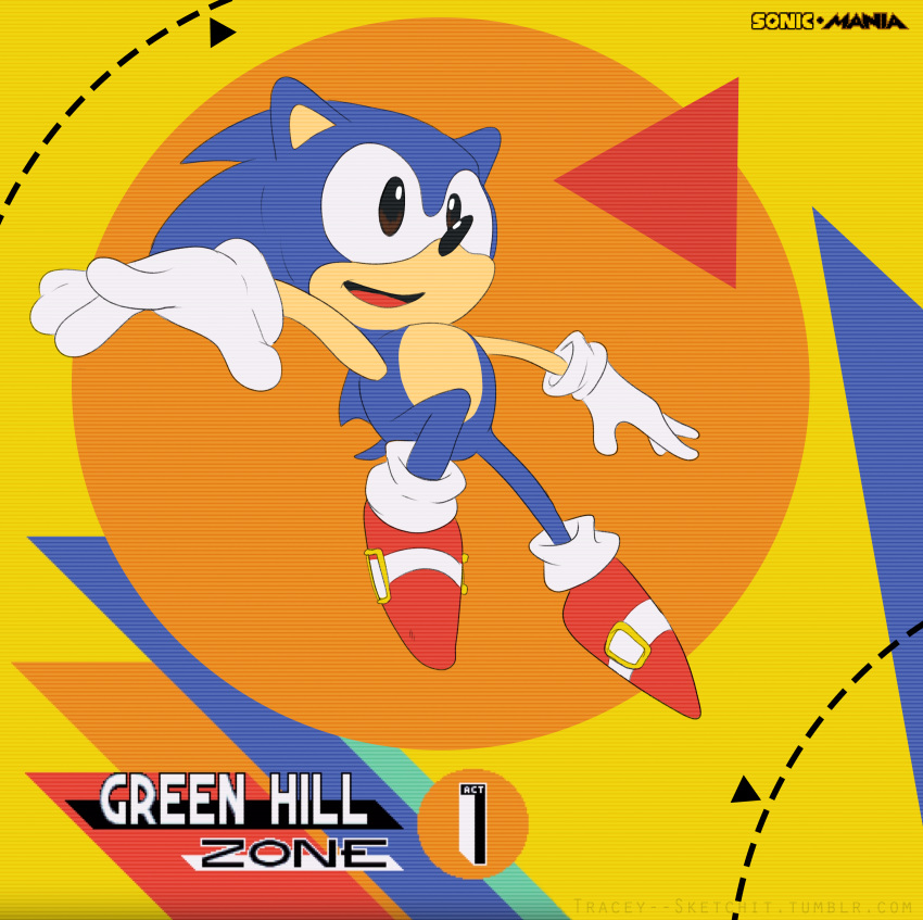 1boy absurdres animal_ears bad_source furry furry_male gloves green_hill_zone hedgehog highres sega shapes shoes smile sonic_(series) sonic_mania sonic_the_hedgehog sonic_the_hedgehog_(classic) traceysketchit white_gloves wide-eyed yellow_background