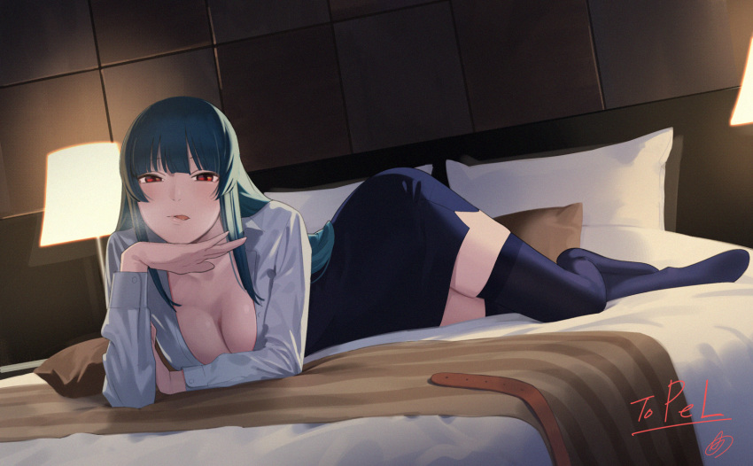 amino_(tn7135) bed black_hair breasts cleavage commentary commission female head_rest highres indoors lamp licking_lips long_hair looking_at_viewer lying night office_lady open_clothes open_shirt original red_eyes side_slit skeb_commission solo thighhighs tongue tongue_out zettai_ryouiki