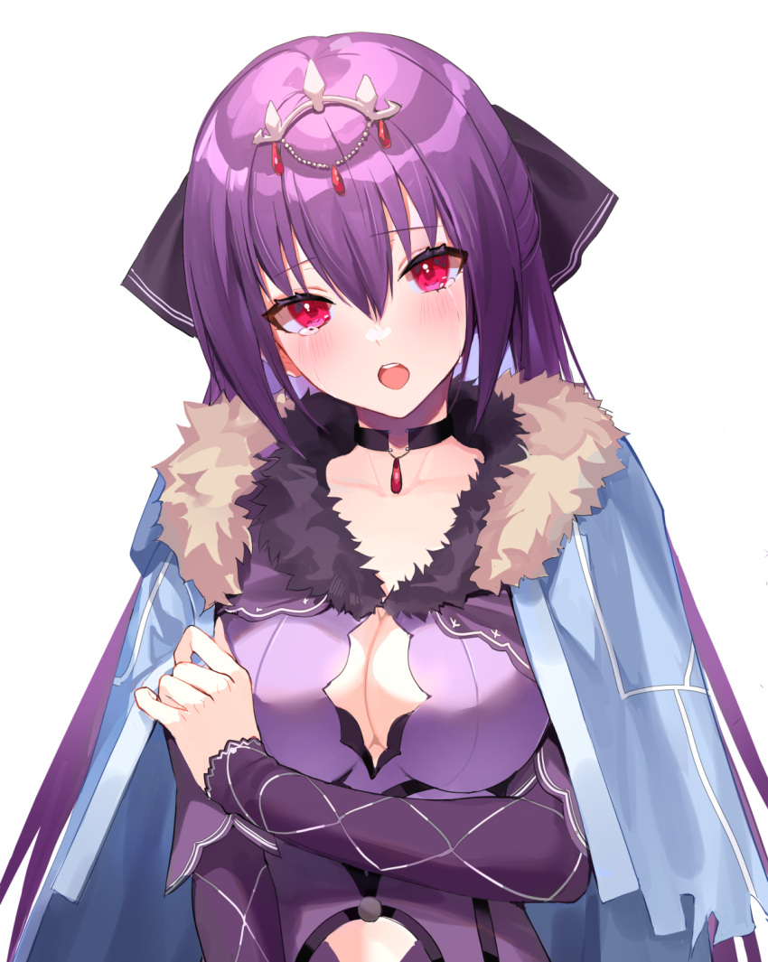 borrowed_clothes breasts cleavage cleavage_cutout clothing_cutout commentary english_commentary fate/grand_order fate_(series) female hair_between_eyes highres kernel_killer large_breasts long_hair looking_at_viewer open_mouth purple_hair red_eyes scathach_(fate) scathach_skadi_(fate) scathach_skadi_(second_ascension)_(fate) solo tiara