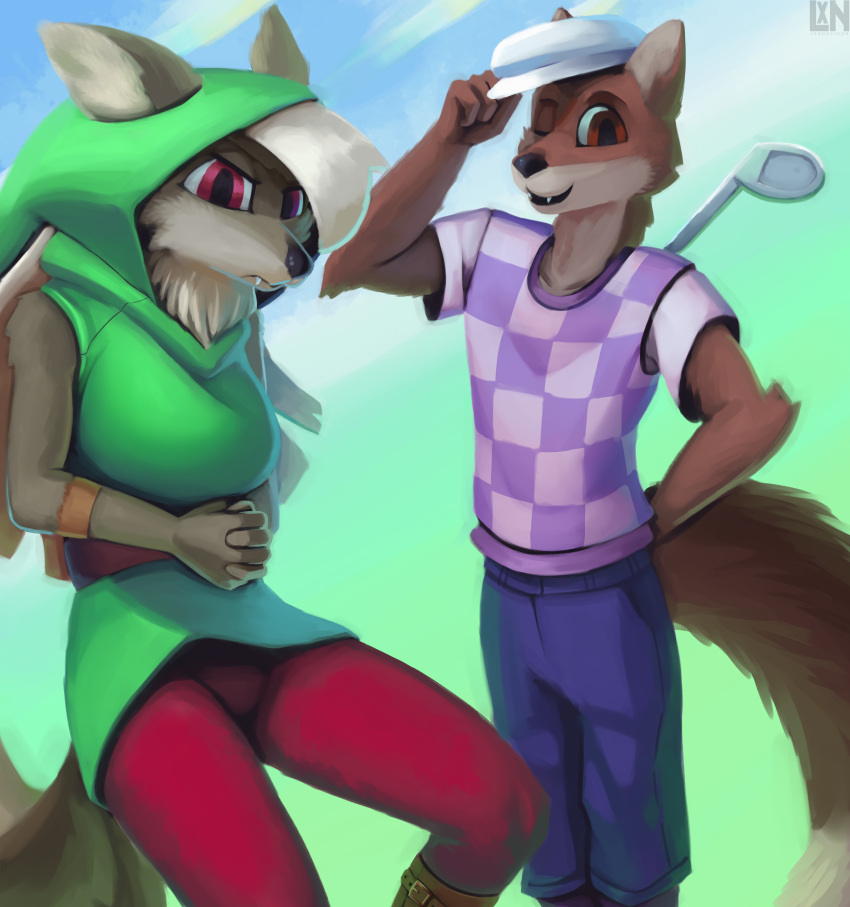 2022 absurd_res anthro blue_bottomwear blue_clothing blue_shorts bottomwear canid canine canis clothing countershading duo female fox golf_club golfer_(terraria) gradient green_clothing green_topwear hat headgear headwear hi_res lennoxicon male mammal pattern_clothing pattern_shirt pattern_topwear red_bottomwear red_clothing shimmered_golfer_(terraria) shimmered_zoologist_(terraria) shirt shorts sport terraria tipping_hat topwear wolf zoologist_(terraria)